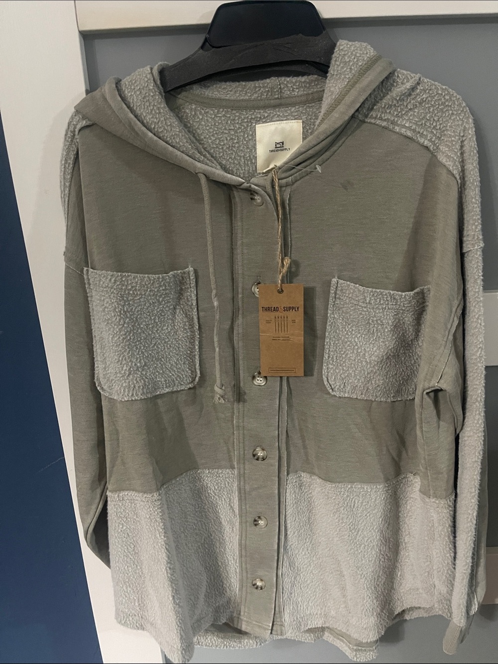 Thread & Supply Two-Tone Light Gray Hooded Button Cardigan